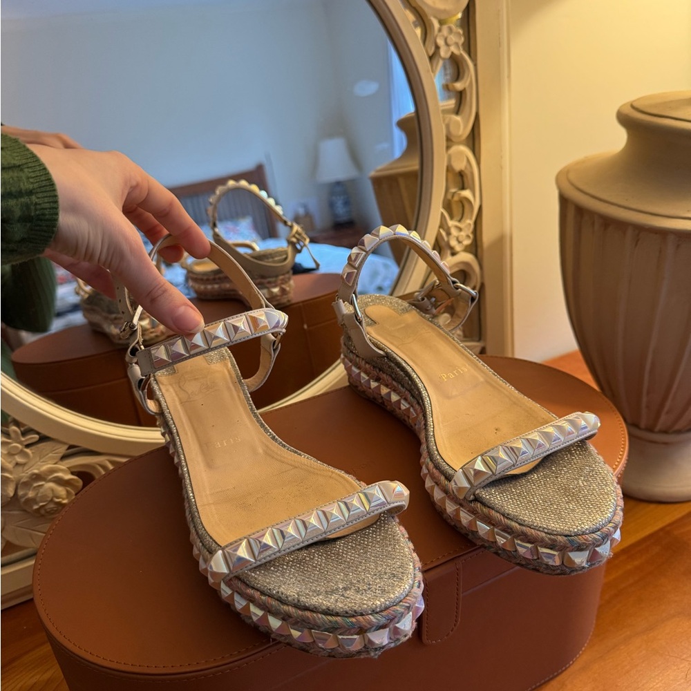 Christian Louboutin Rockstud Silver Pink Espadrille Sandals